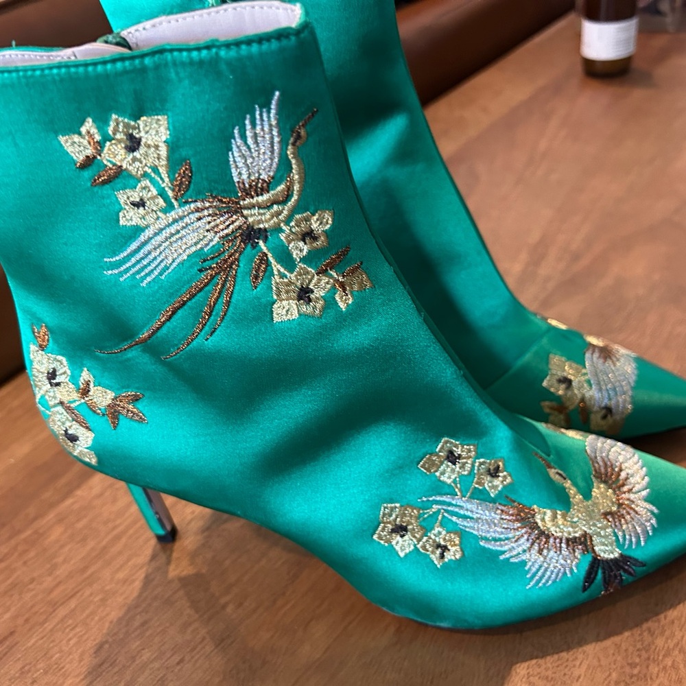 Zara Green Satin Embroidered Ankle Boots